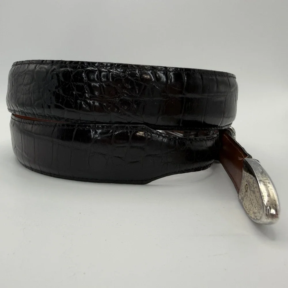 Crookhorn Crocodile Black Leather Belt Silver Hardware Spain Womens 36/90